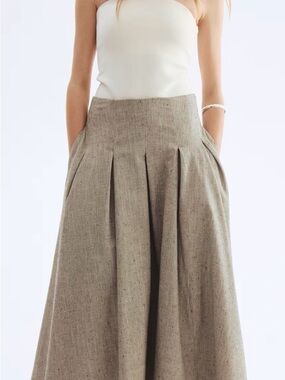 H&M Women’s High-Waist Pleated A-Line Linen Maxi Skirt in Taupe Size 2